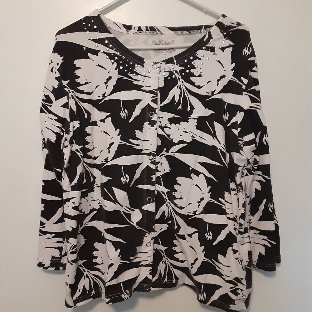 Allyson Whitmore Womens XL Top Long Sleeve Snap Up Studded Black White